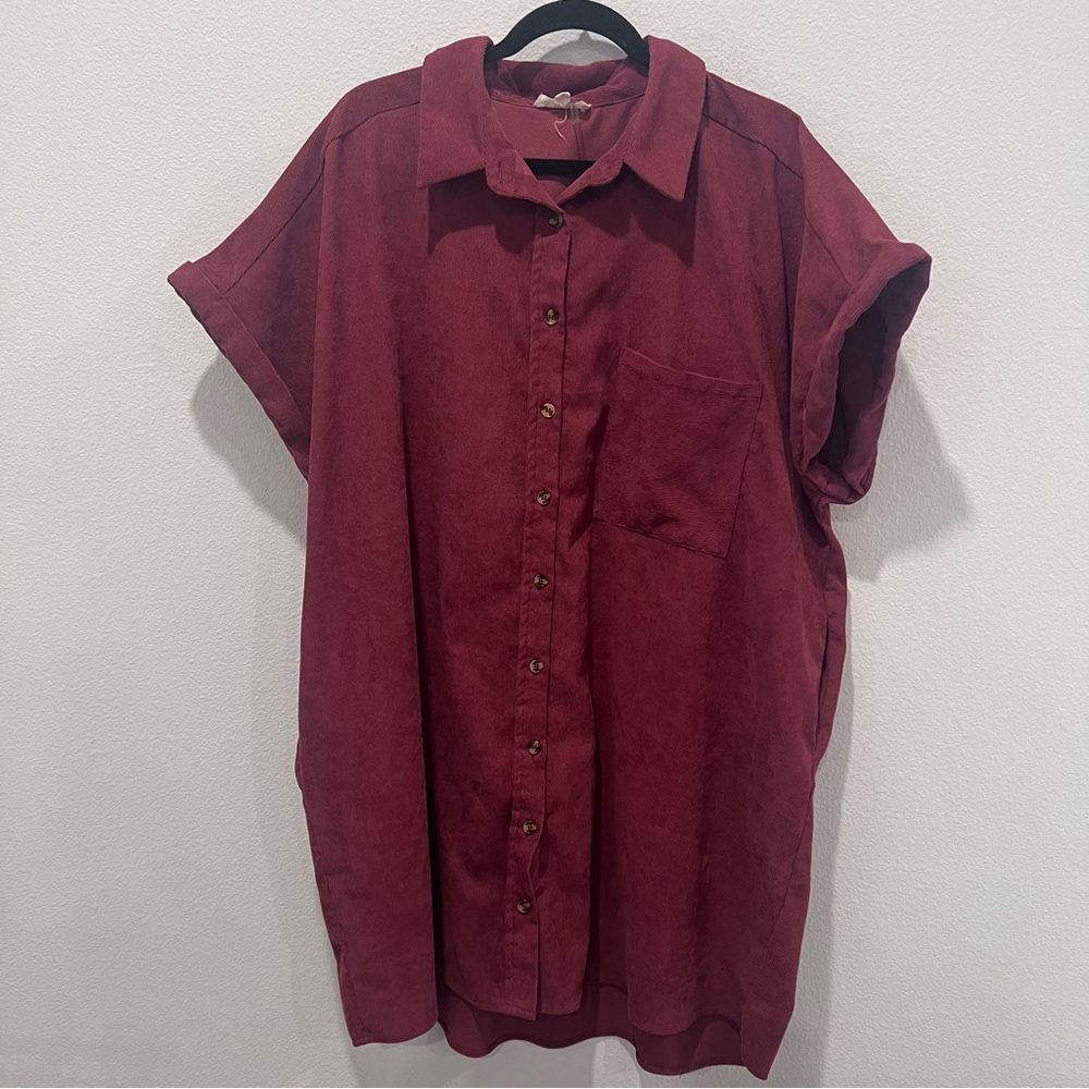 Entro Red Casual Button Down Shirt Dress 1X minimalist brunch vacation resort